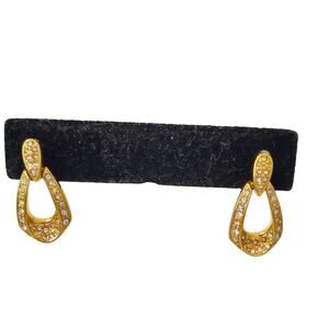 Napier Gold Tone Rhinestone Oval Twist Dangle Earrings Post Back Estate MCM Boho